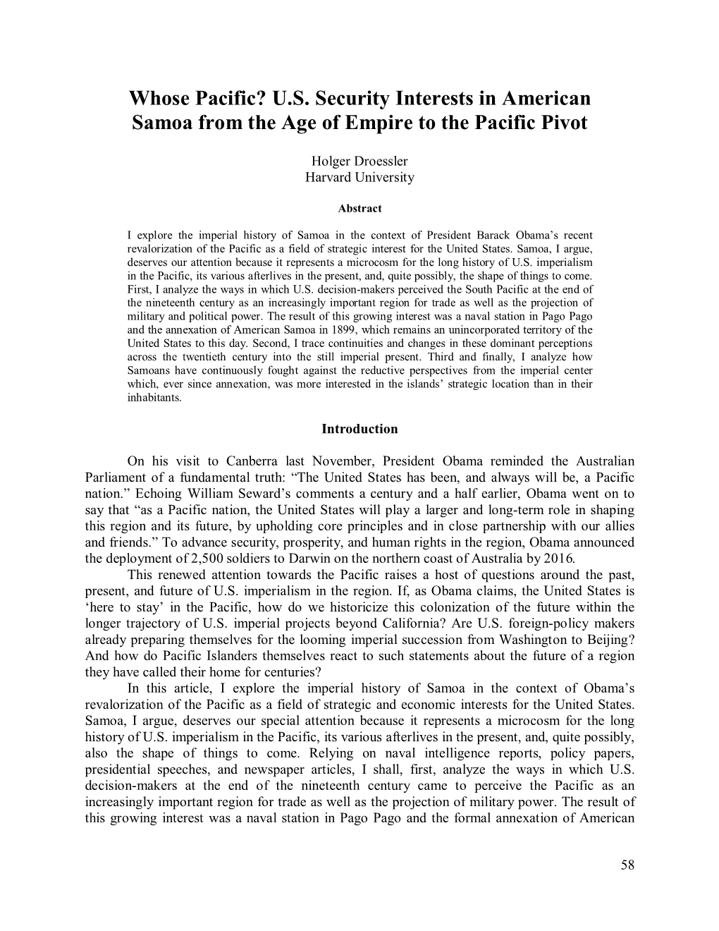 Whose Pacific? U.S. Security Interests in American Samoa from the Age of Empire to the Pacific Pivot