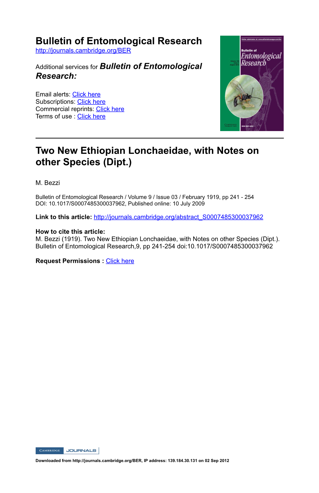 Bulletin of Entomological Research Two New Ethiopian Lonchaeidae