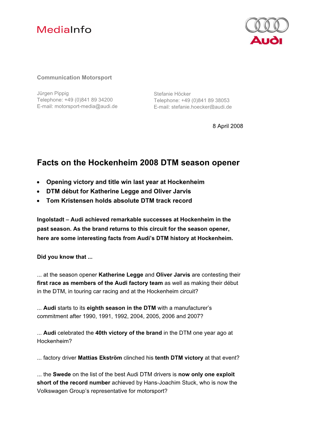 Facts on the Hockenheim 2008 DTM Season Opener