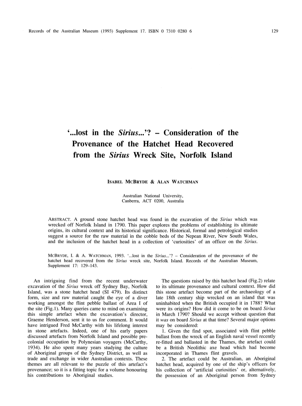 Consideration of the Provenance of the Hatchet Head Recovered from the Sirius Wreck Site, Norfolk Island