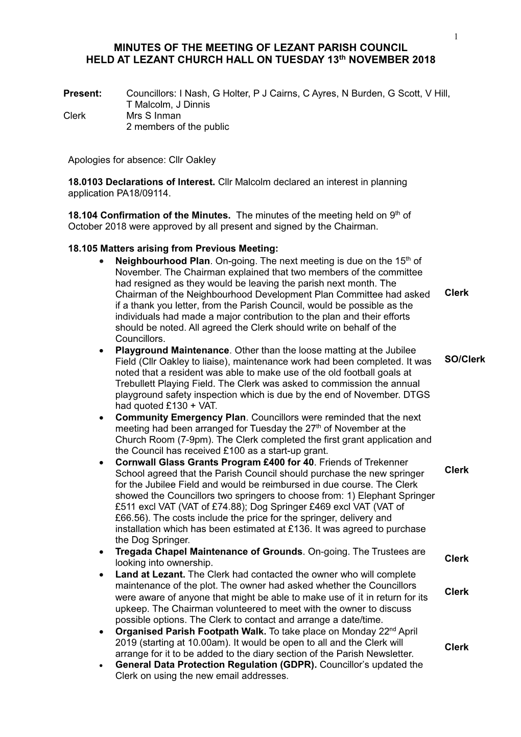 MINUTES of the MEETING of LEZANT PARISH COUNCIL HELD at LEZANT CHURCH HALL on TUESDAY 13Th NOVEMBER 2018