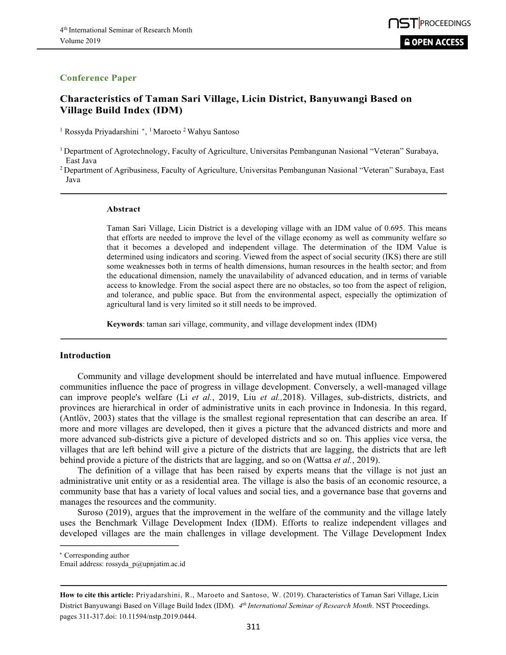 Characteristics of Taman Sari Village, Licin District, Banyuwangi Based on Village Build Index (IDM)