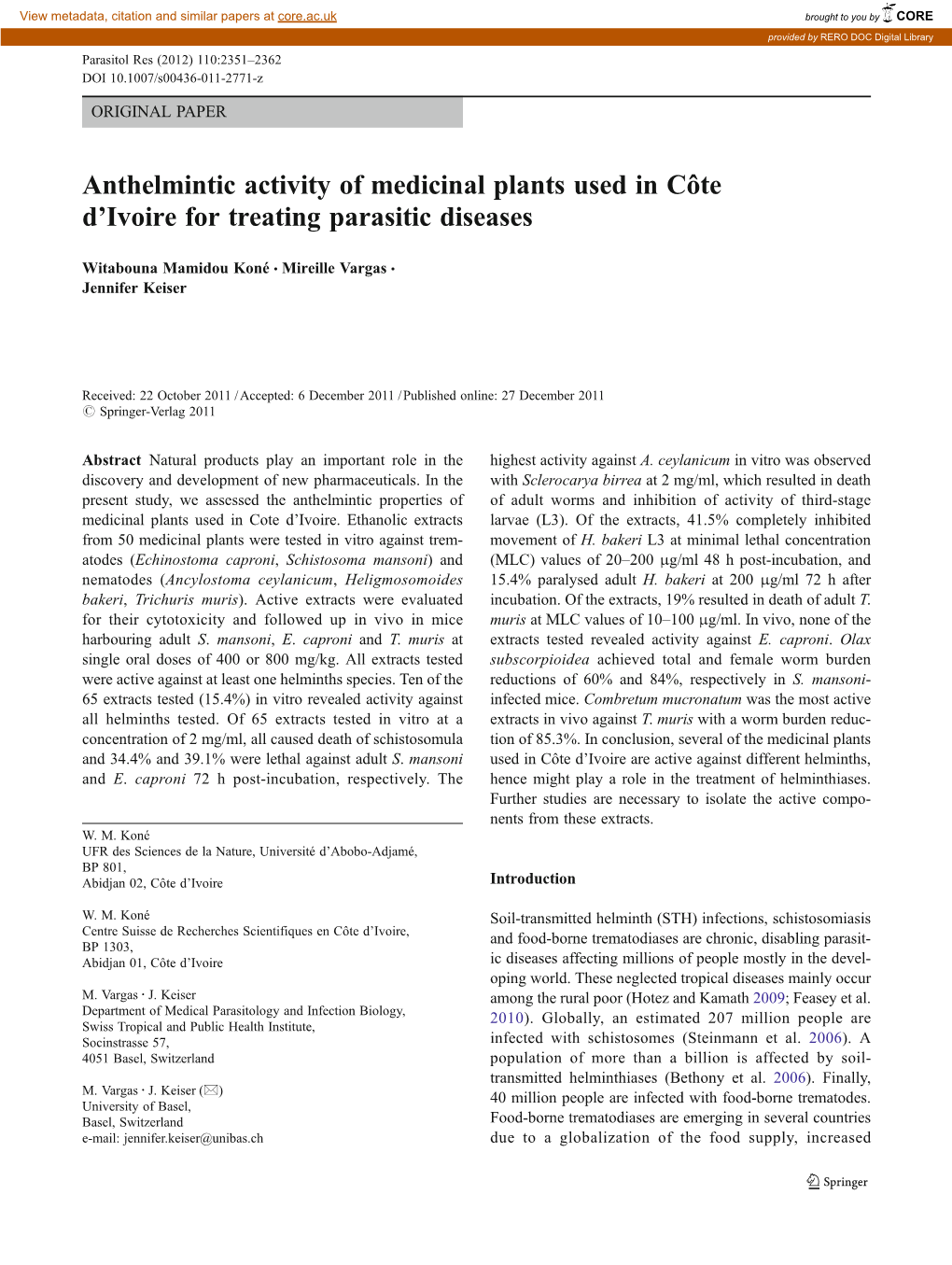 Anthelmintic Activity of Medicinal Plants Used in Côte D'ivoire