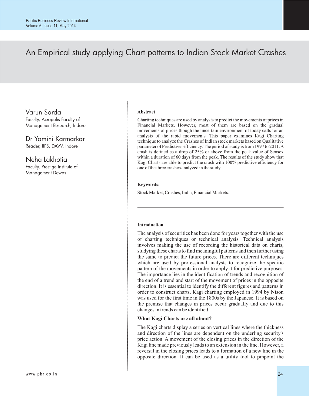 An Empirical Study Applying Chart Patterns to Indian Stock Market Crashes