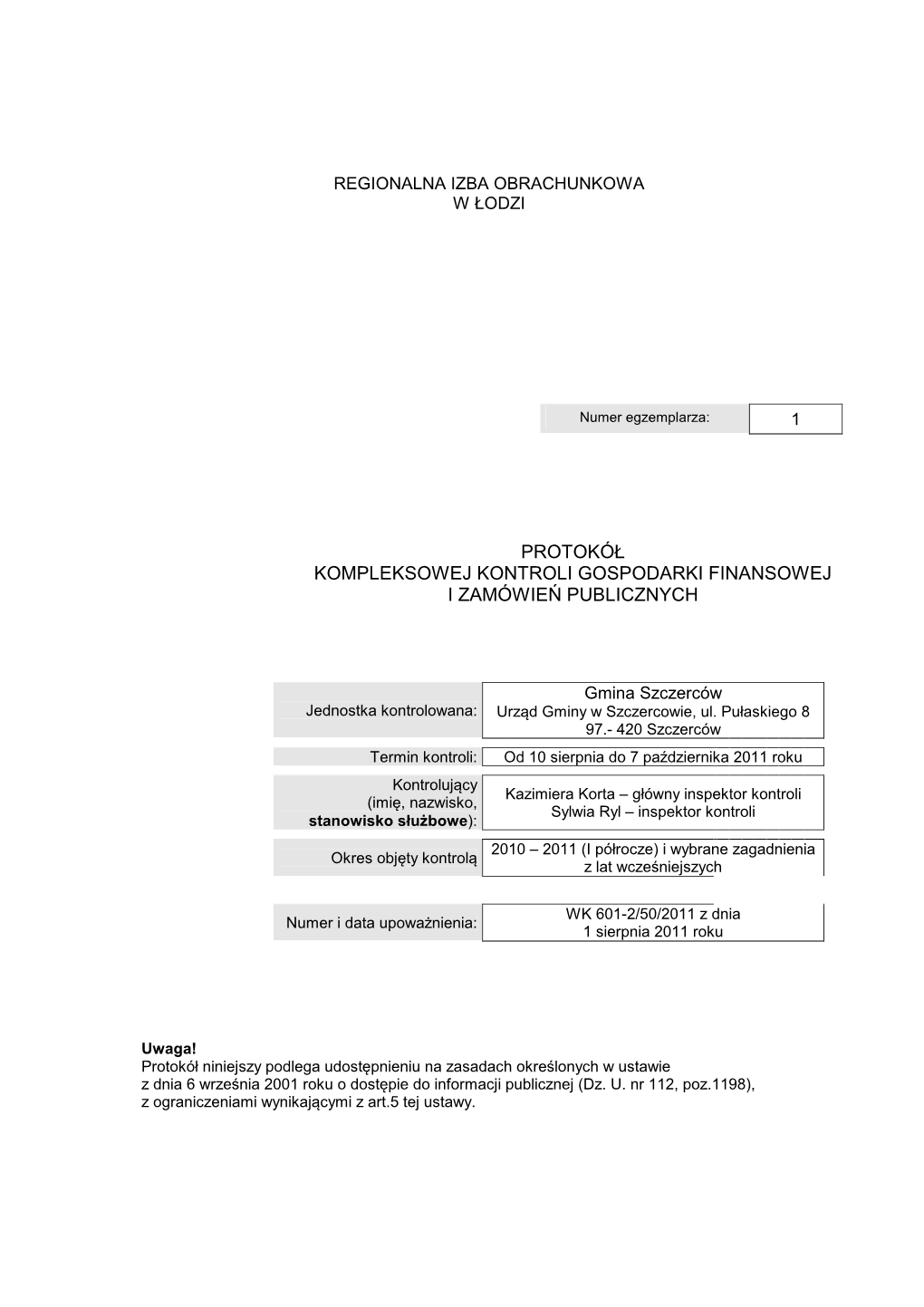 Protokół Kompleksowej Kontroli Gospodarki Finansowej I Zamówie Ń Publicznych