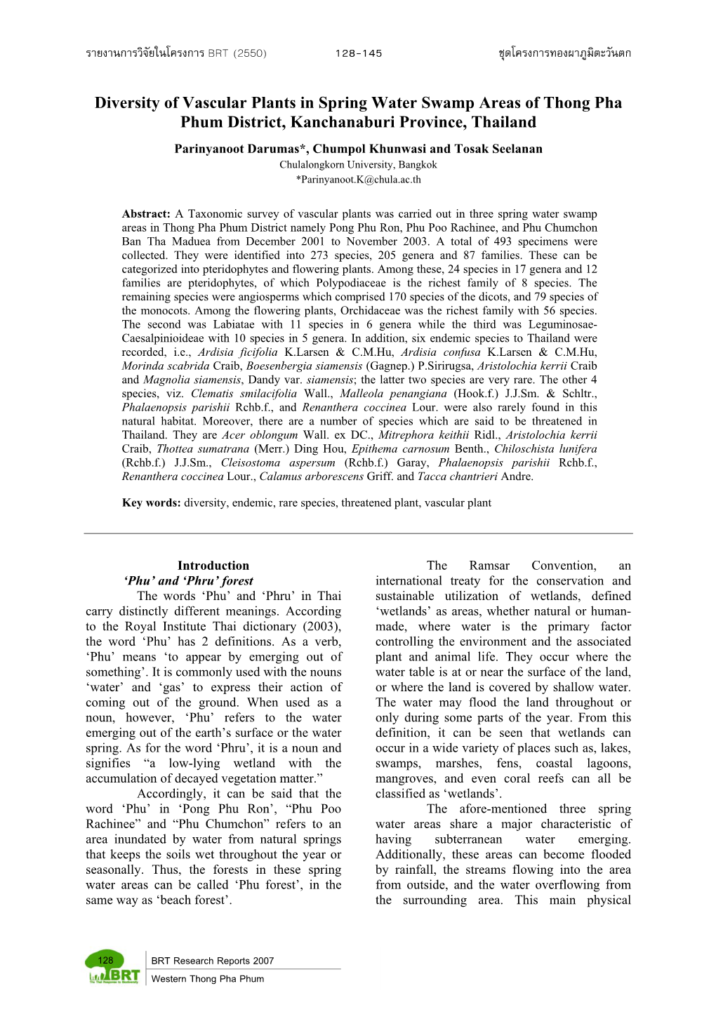 Diversity of Vascular Plants in Spring Water Swamp Areas of Thong Pha