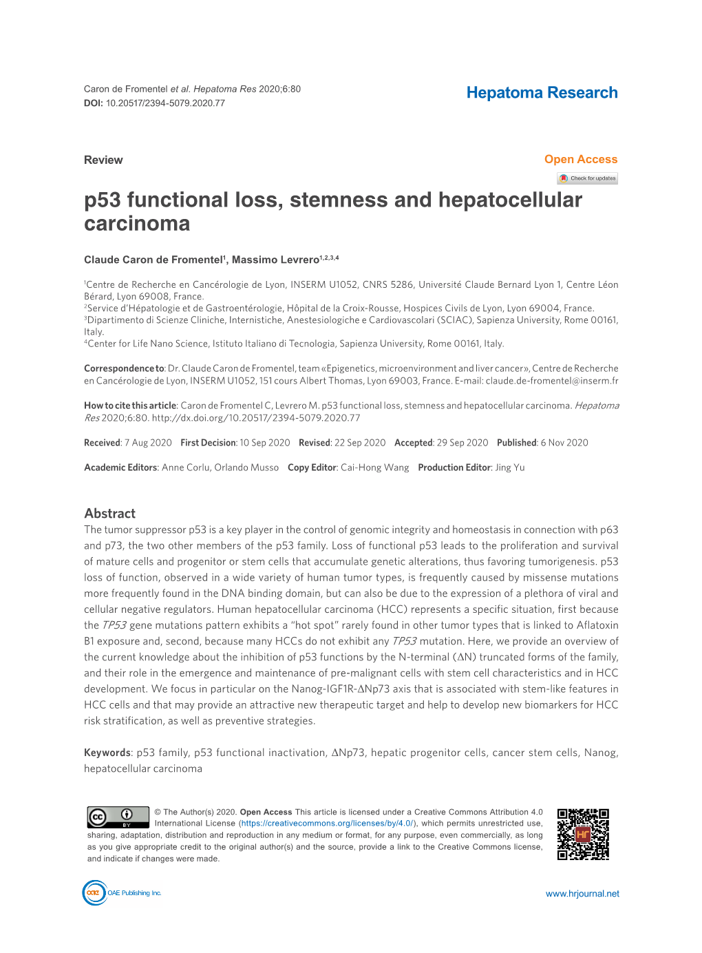 P53 Functional Loss, Stemness and Hepatocellular Carcinoma