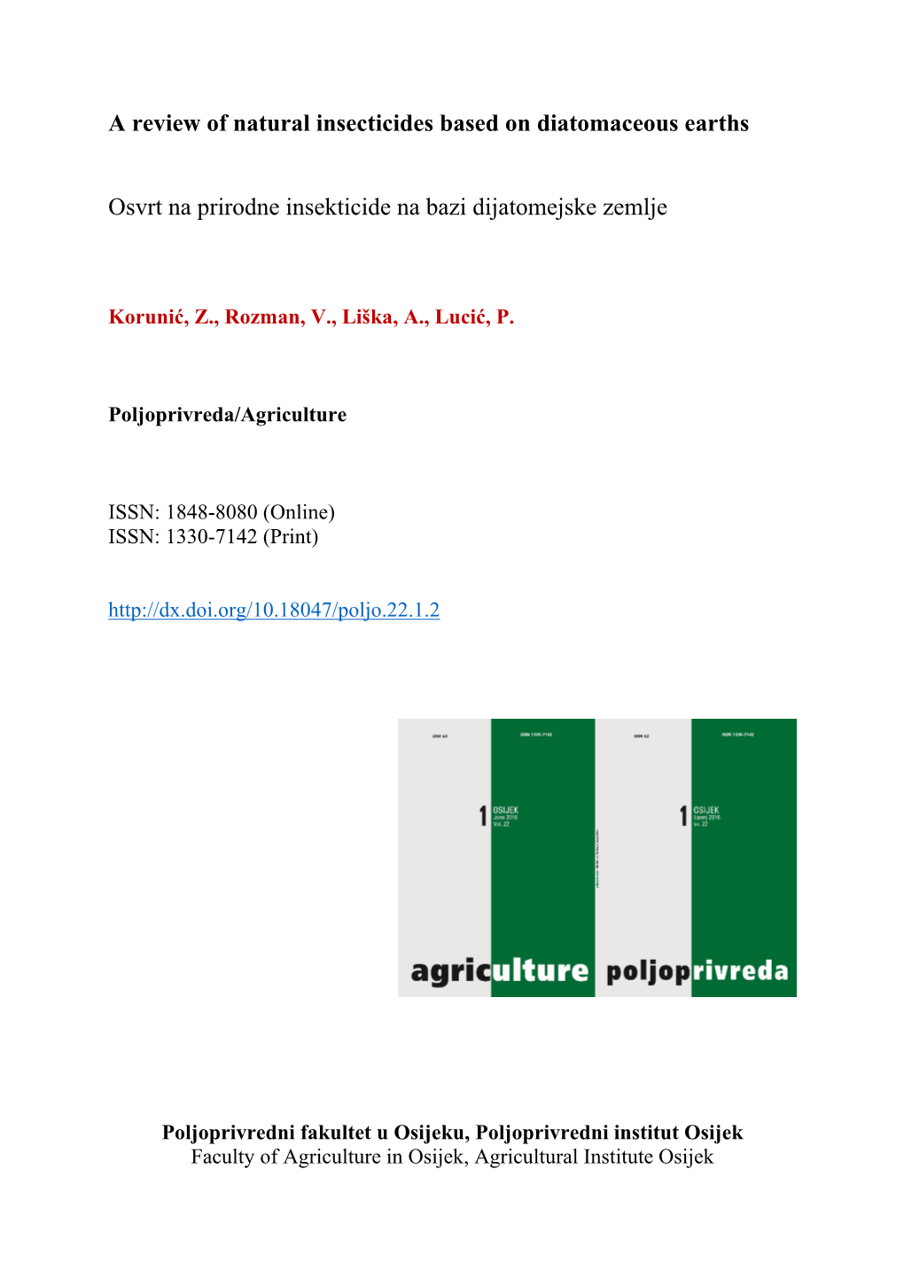 A Review of Natural Insecticides Based on Diatomaceous Earths Osvrt Na Prirodne Insekticide Na Bazi Dijatomejske Zemlje