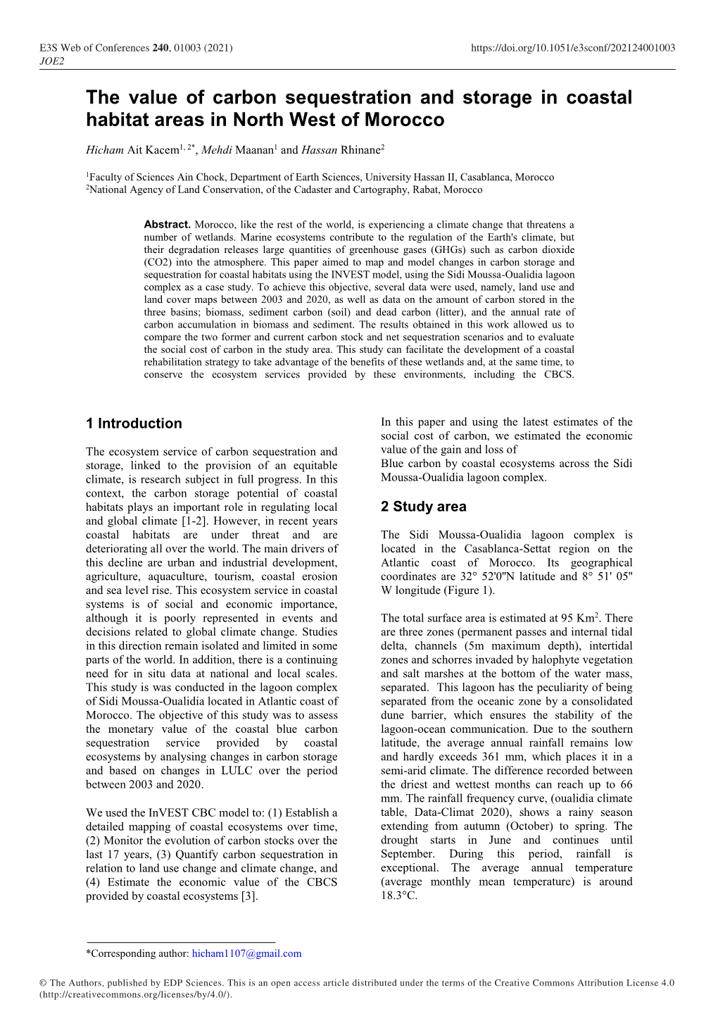 The Value of Carbon Sequestration and Storage in Coastal Habitats Areas in North West of Morocco