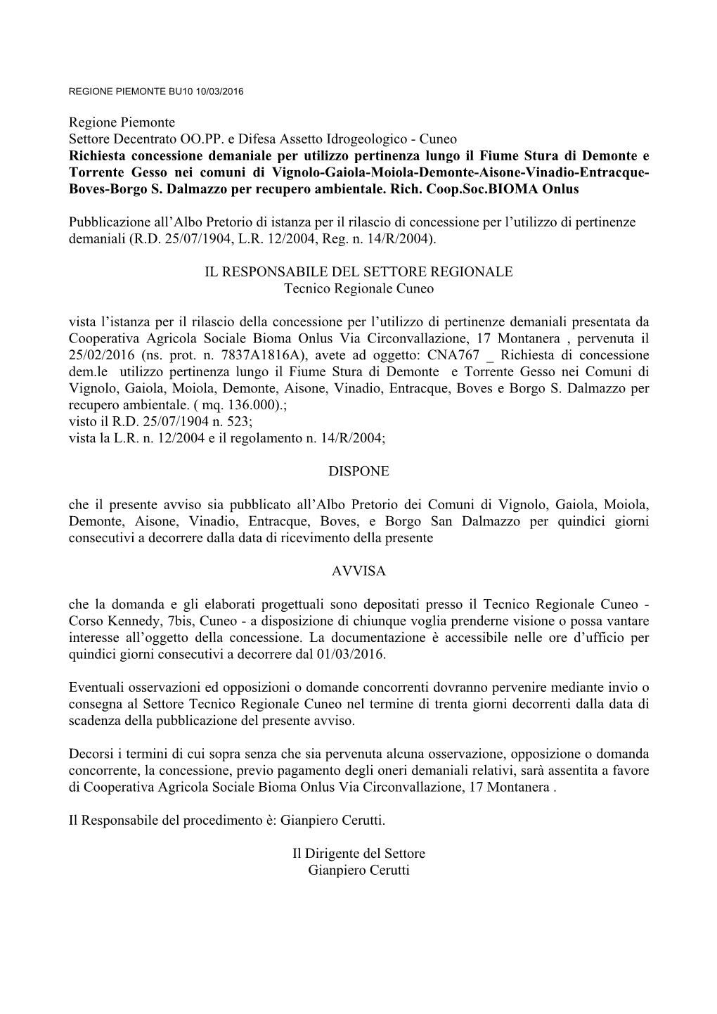 Regione Piemonte Settore Decentrato OO.PP. E Difesa Assetto Idrogeologico