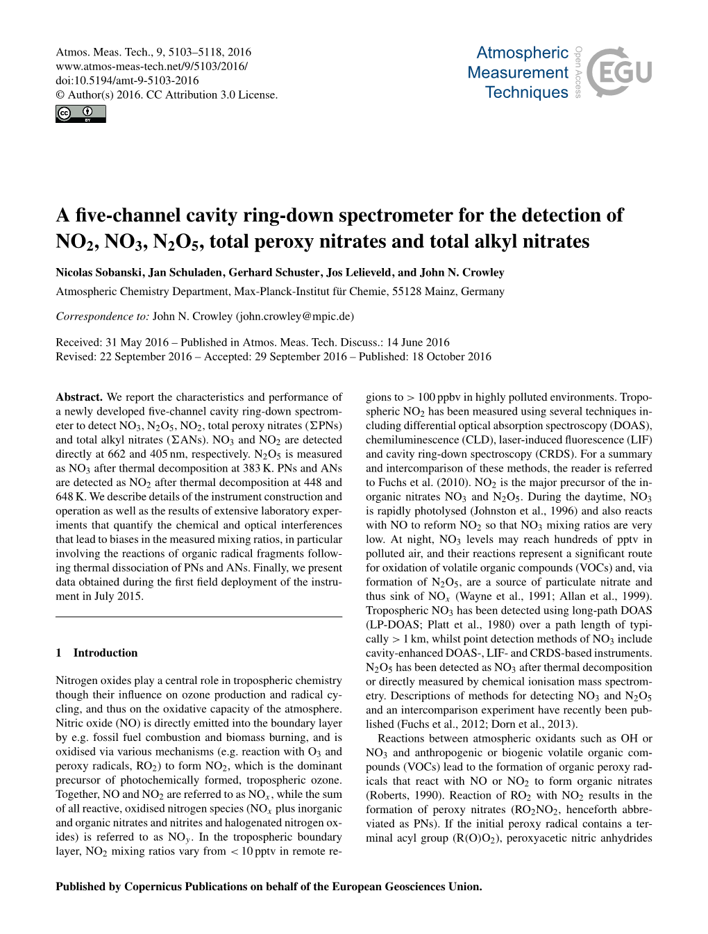 A Five-Channel Cavity Ring-Down Spectrometer for the Detection of NO2, NO3, N2O5, Total Peroxy Nitrates and Total Alkyl Nitrates