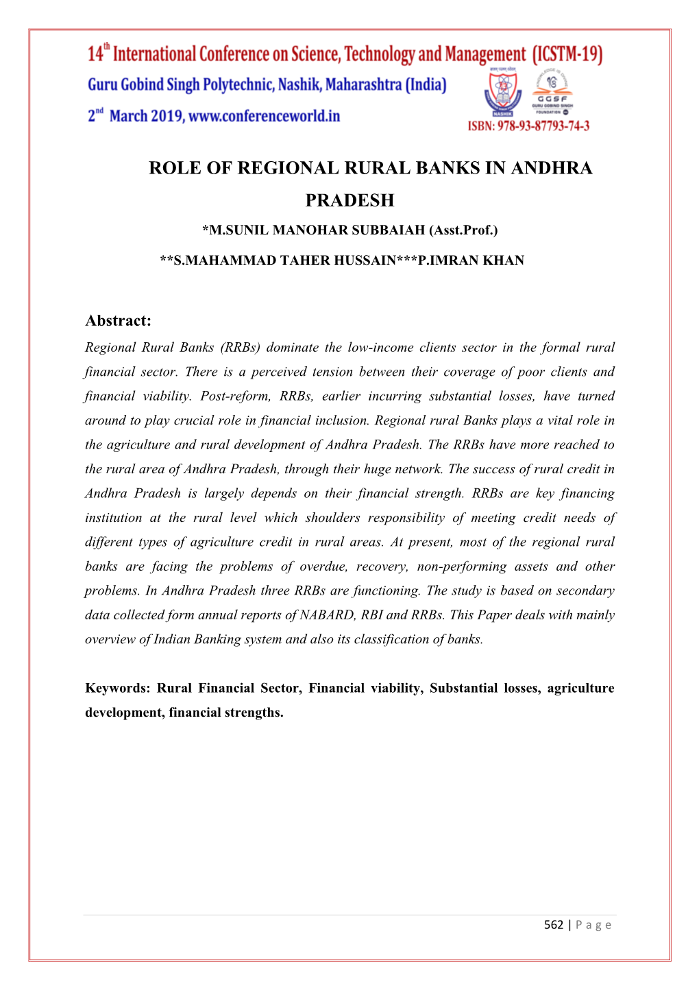 ROLE of REGIONAL RURAL BANKS in ANDHRA PRADESH *M.SUNIL MANOHAR SUBBAIAH (Asst.Prof.)
