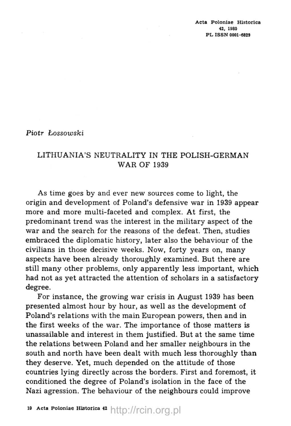 Lithuania's Neutrality in the Polish-German War of 1939