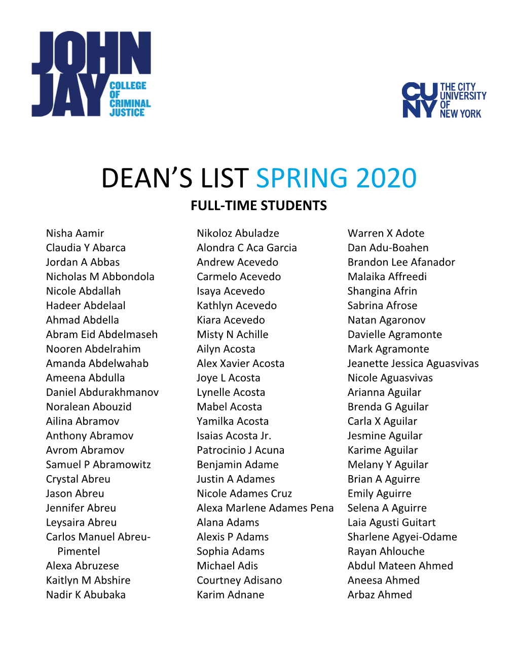 Dean's List Spring 2020