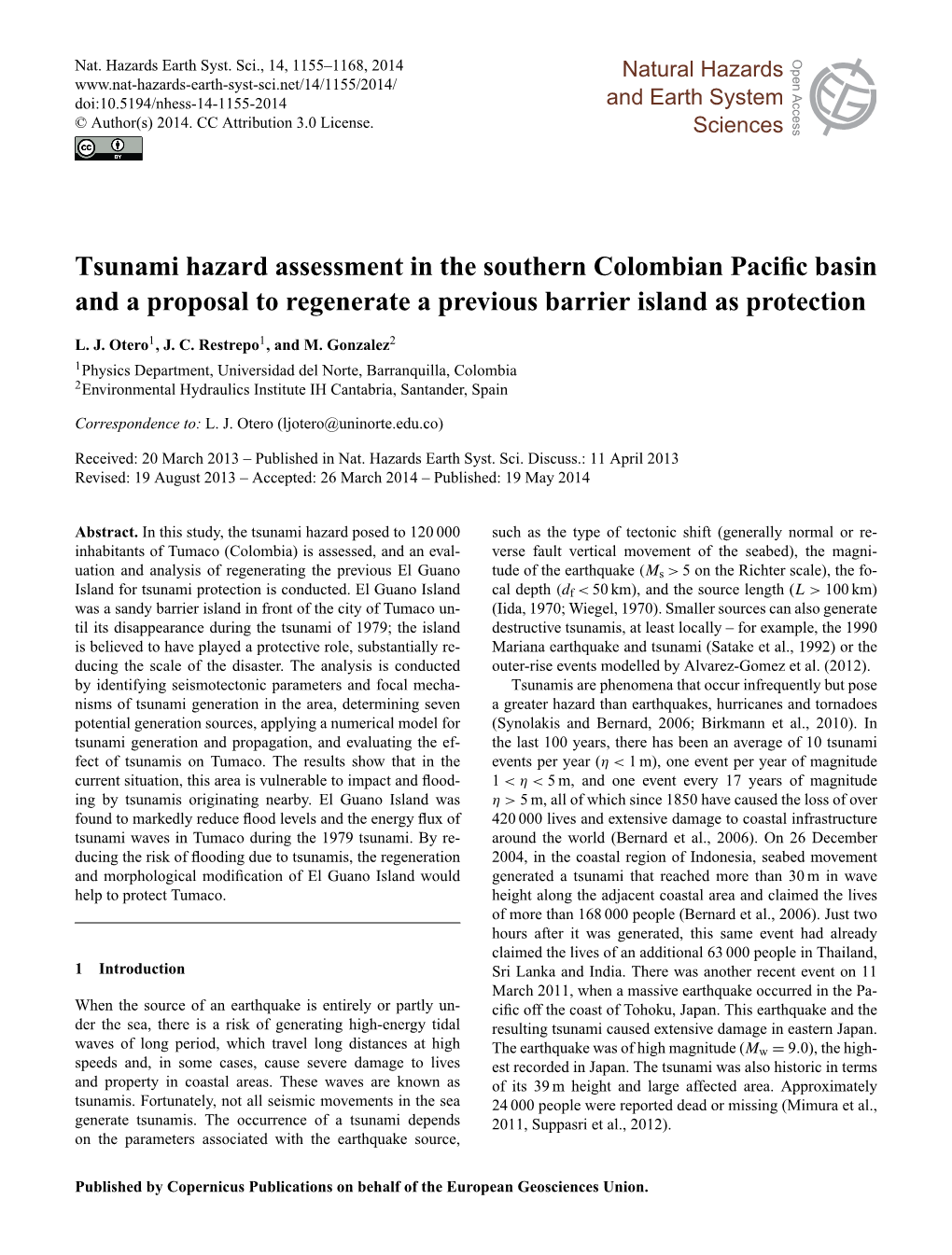 Tsunami Hazard Assessment in the Southern Colombian Pacific Basin and a Proposal to Regenerate a Previous Barrier Island As Prot