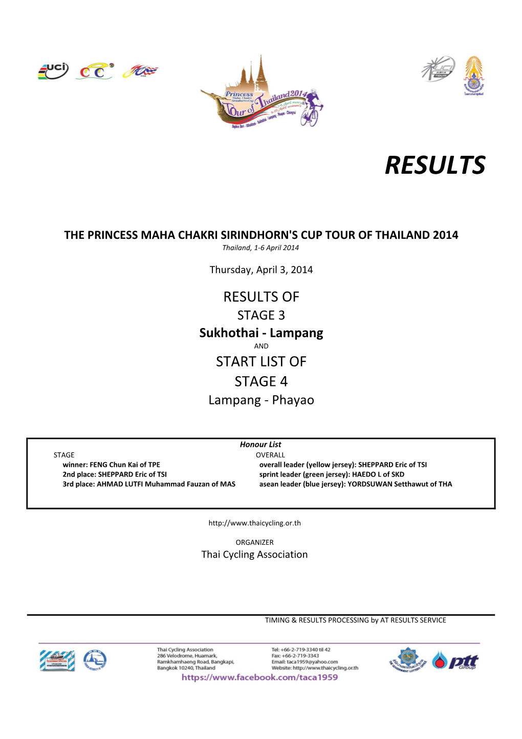 PRINCESS MAHA CHAKRI SIRINDHORN's CUP TOUR of THAILAND 2014 STAGE 3 ‐ Sukhothai ‐ Lampang Thursday, April 3, 2014