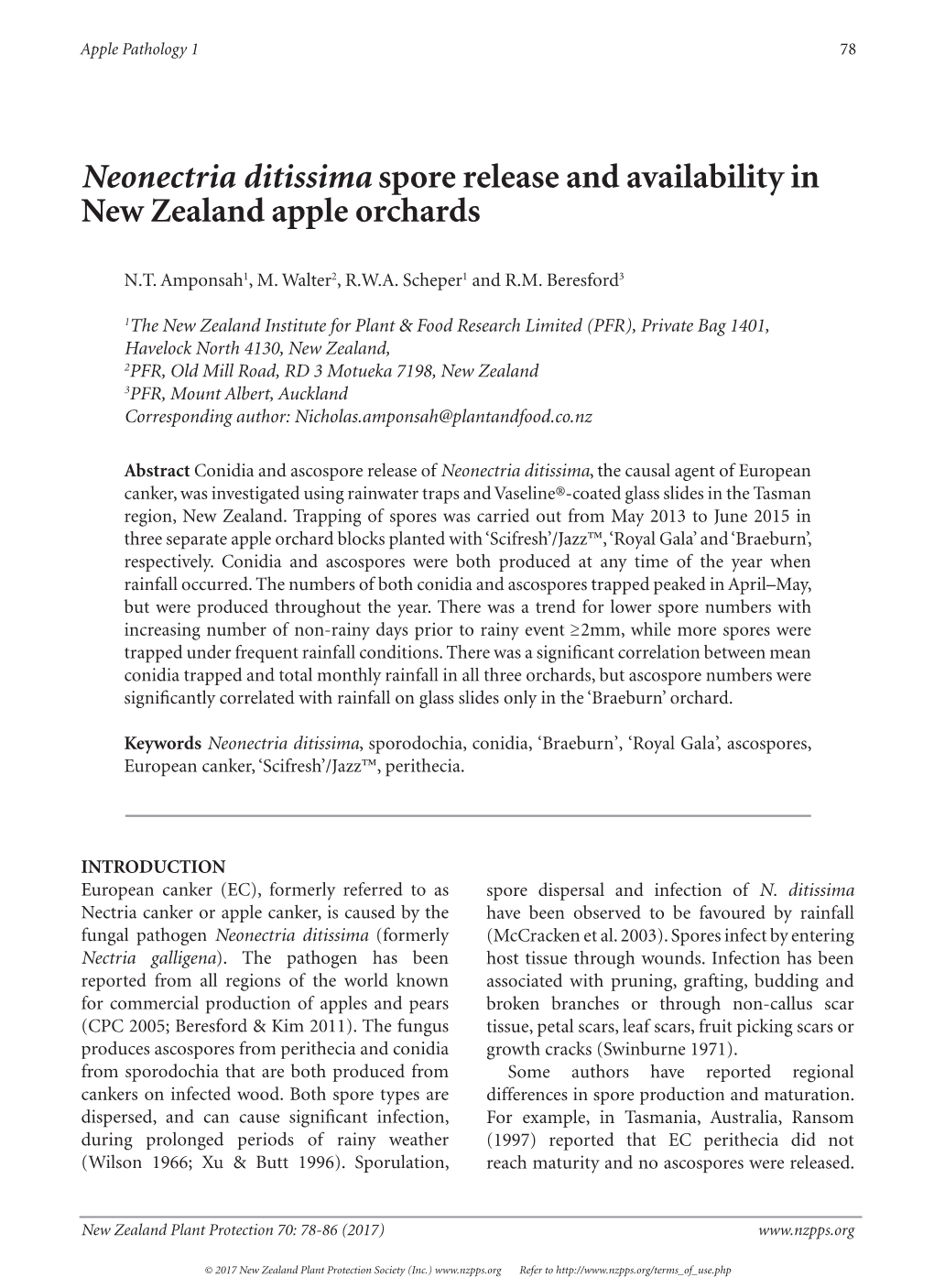 Neonectria Ditissima Spore Release and Availability in New Zealand Apple Orchards