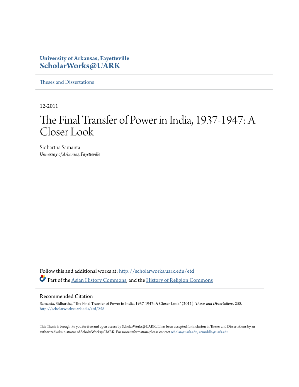 The Final Transfer of Power in India, 1937-1947: a Closer Look