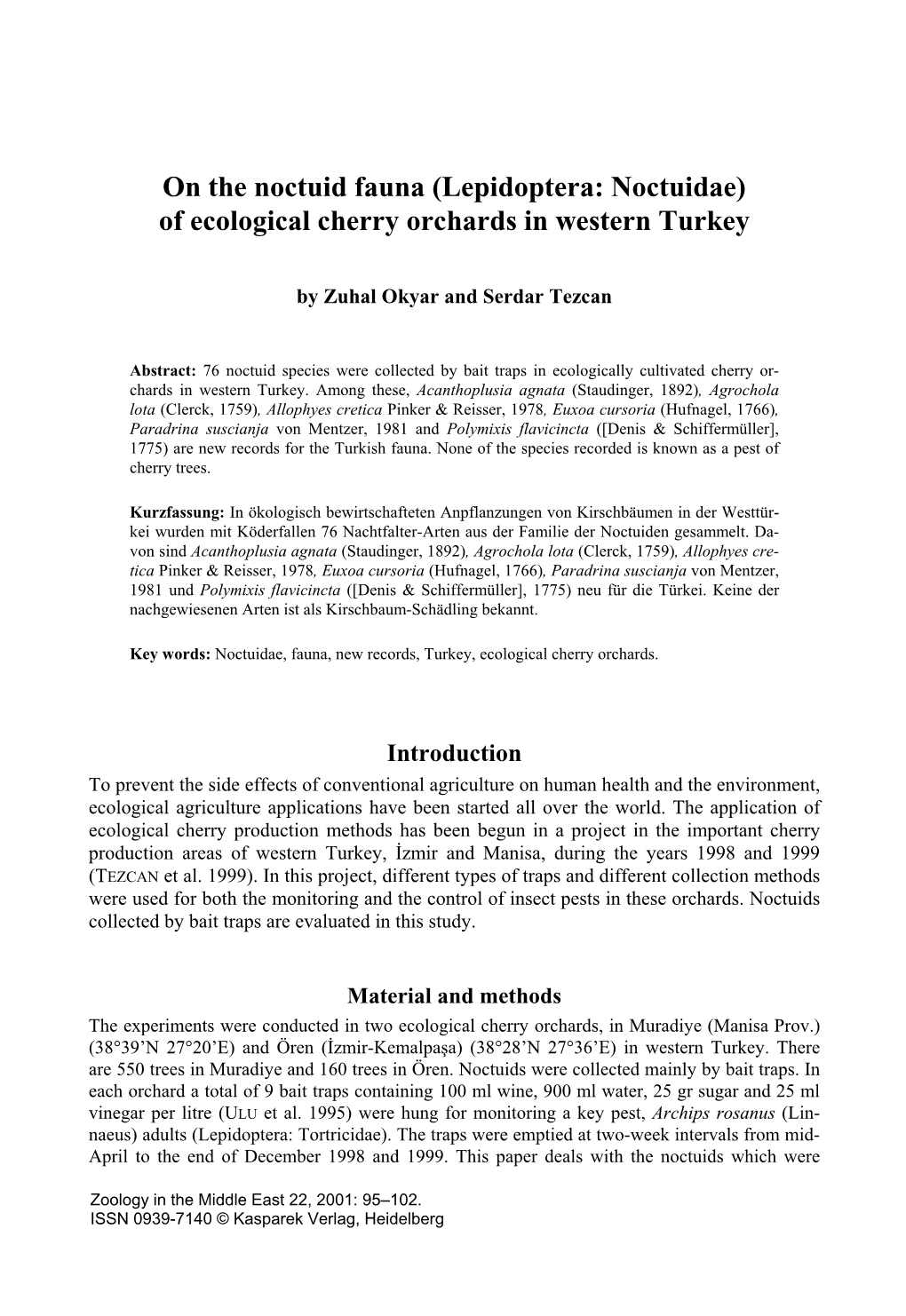 (Lepidoptera: Noctuidae) of Ecological Cherry Orchards in Western Turkey