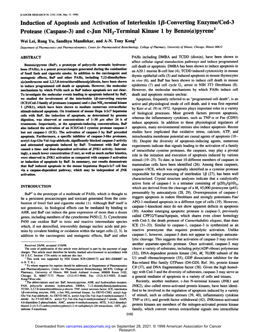 (Caspase-3) and C-Jun NH2-Terminal Kinase 1 by Benzo(A)Pyrene1