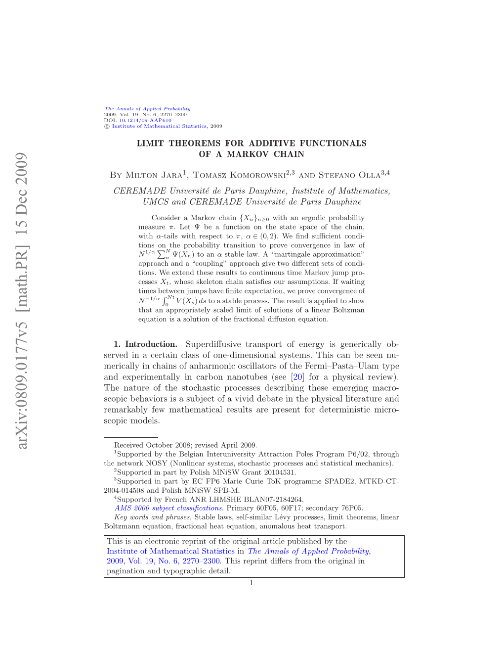 Limit Theorems for Additive Functionals of a Markov Chain