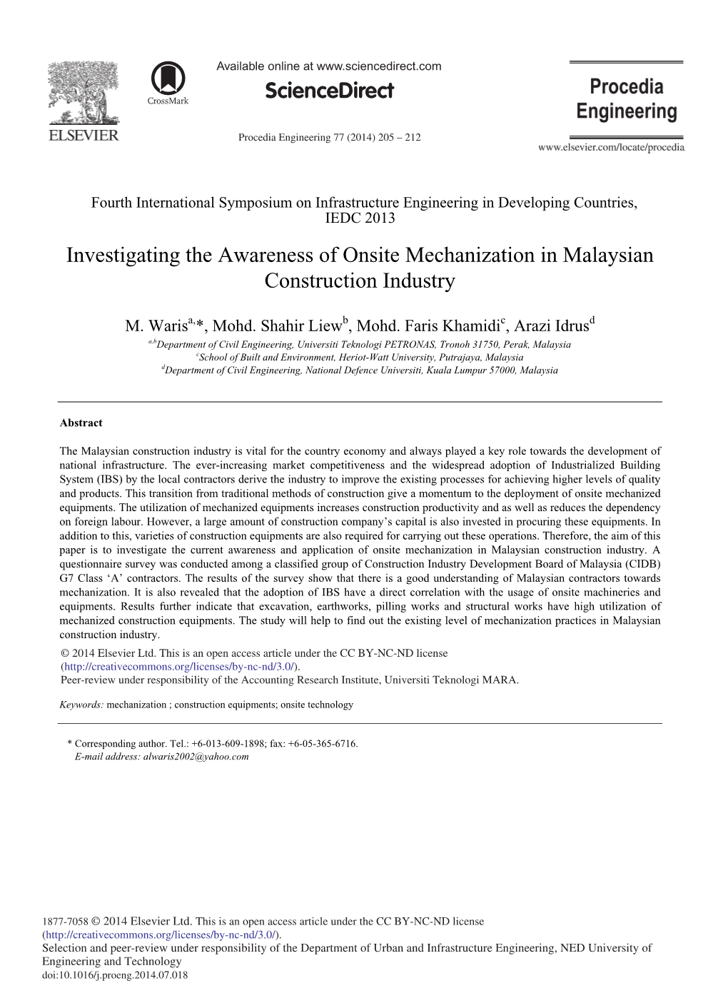Investigating the Awareness of Onsite Mechanization in Malaysian Construction Industry