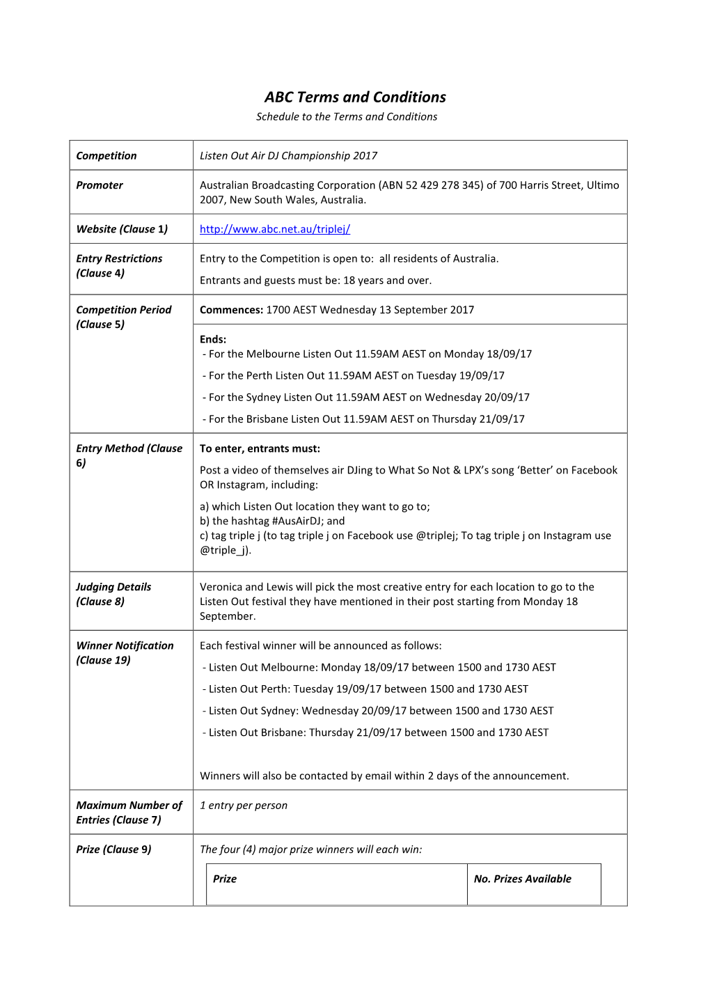 Terms and Conditions Schedule to the Terms and Conditions