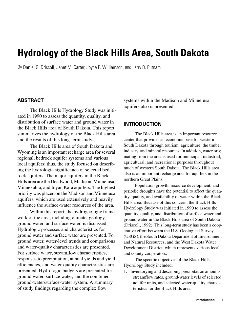 Hydrology of the Black Hills Area, South Dakota