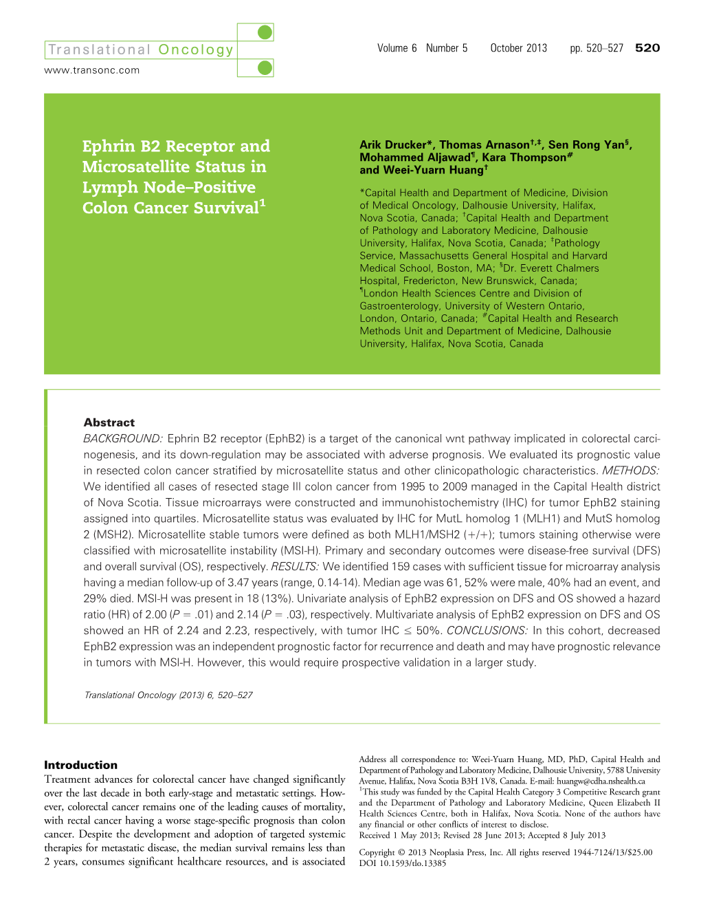 Ephrin B2 Receptor and Microsatellite Status in Lymph Node-Positive