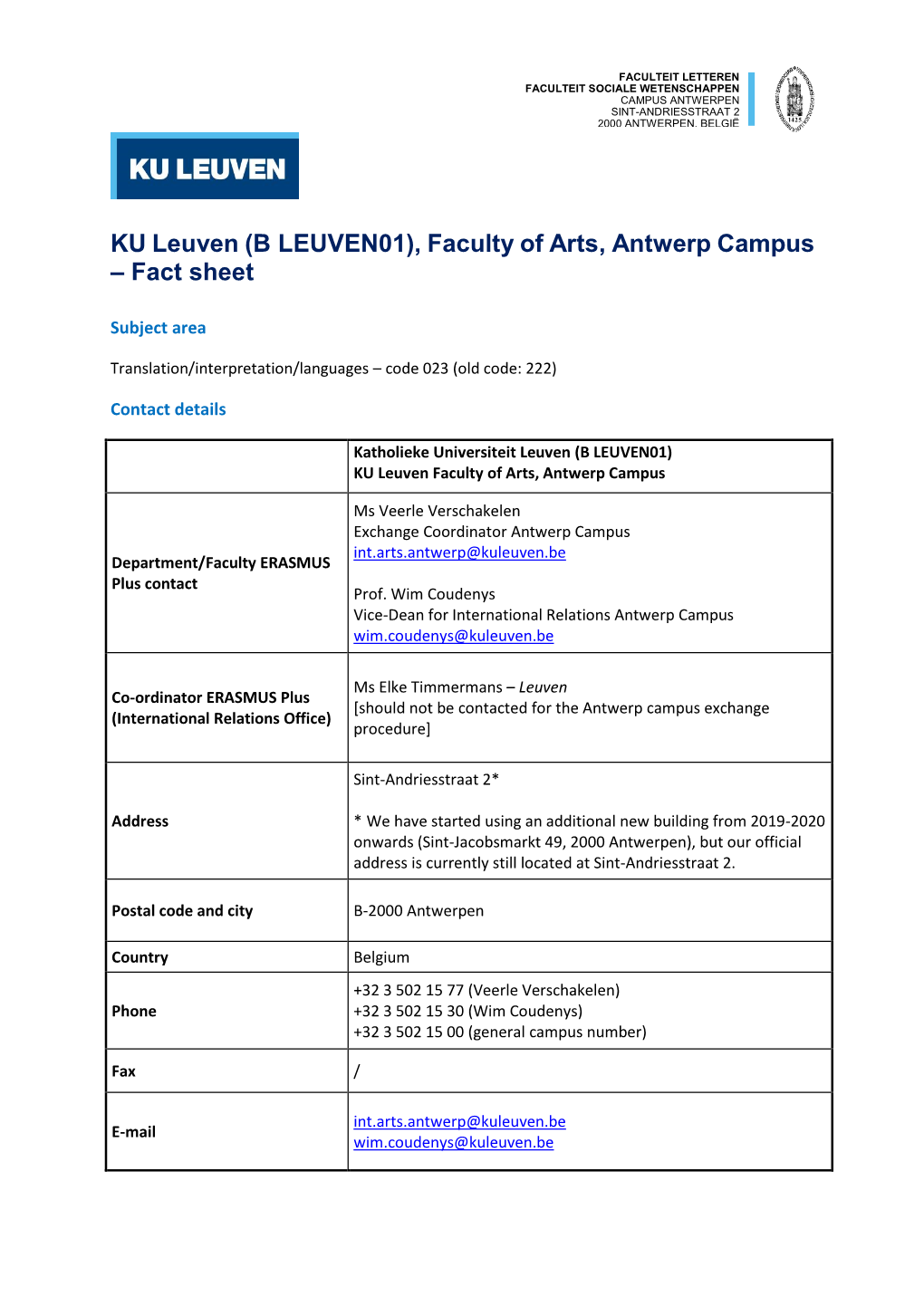 KU Leuven (B LEUVEN01), Faculty of Arts, Antwerp Campus – Fact Sheet