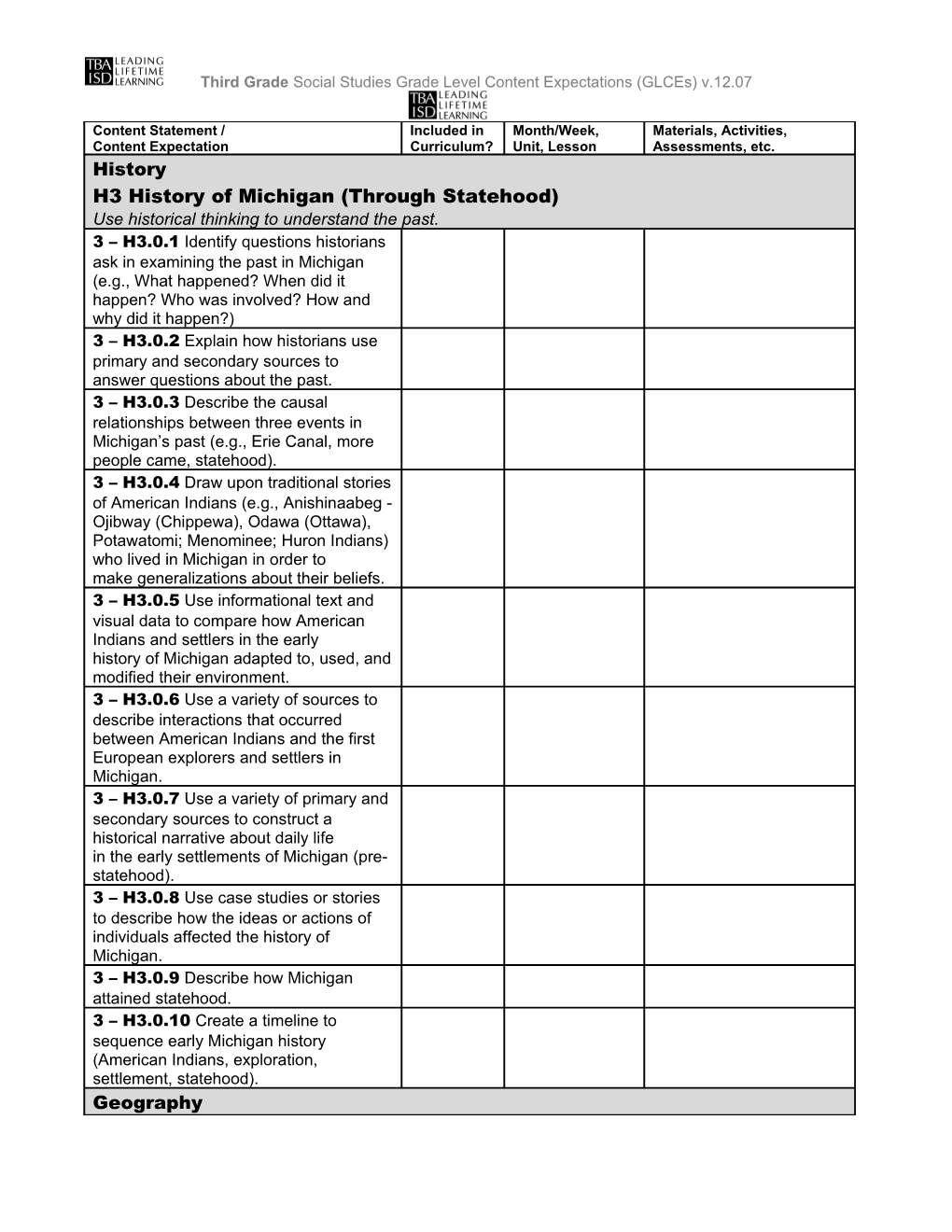 Third Grade Social Studies Grade Level Content Expectations (Glces) V.12.07