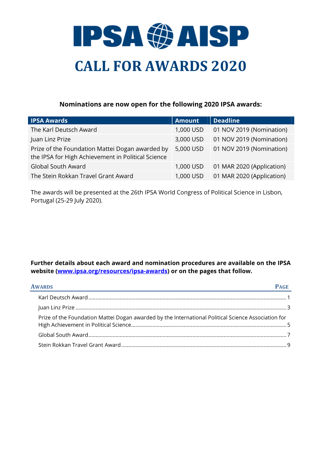 Call for Awards 2020