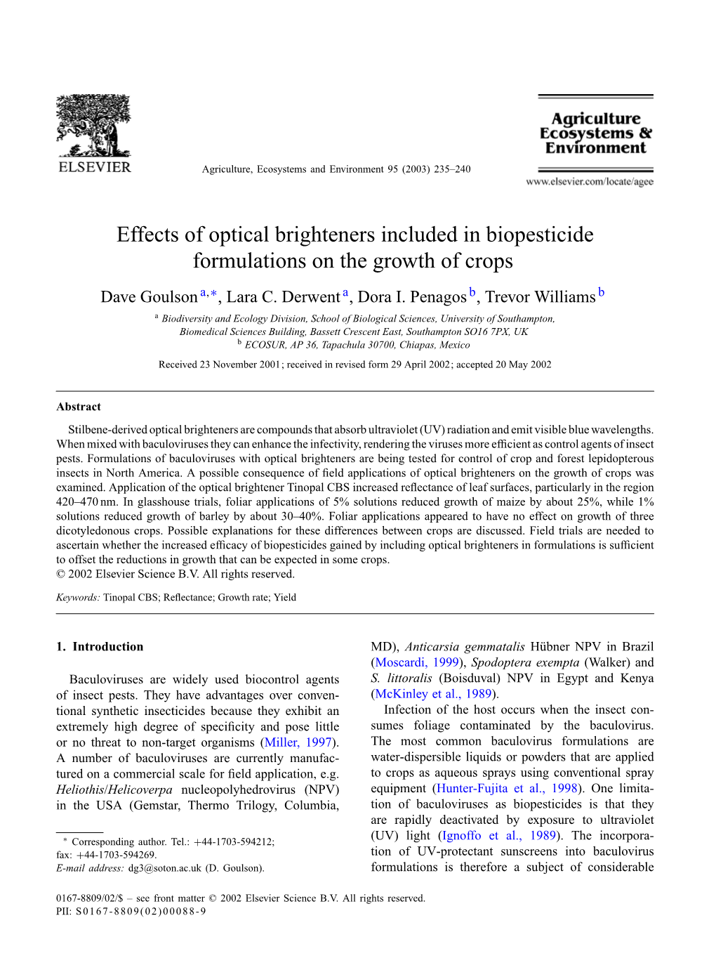 Effects of Optical Brighteners Included in Biopesticide Formulations on the Growth of Crops Dave Goulson A,∗, Lara C