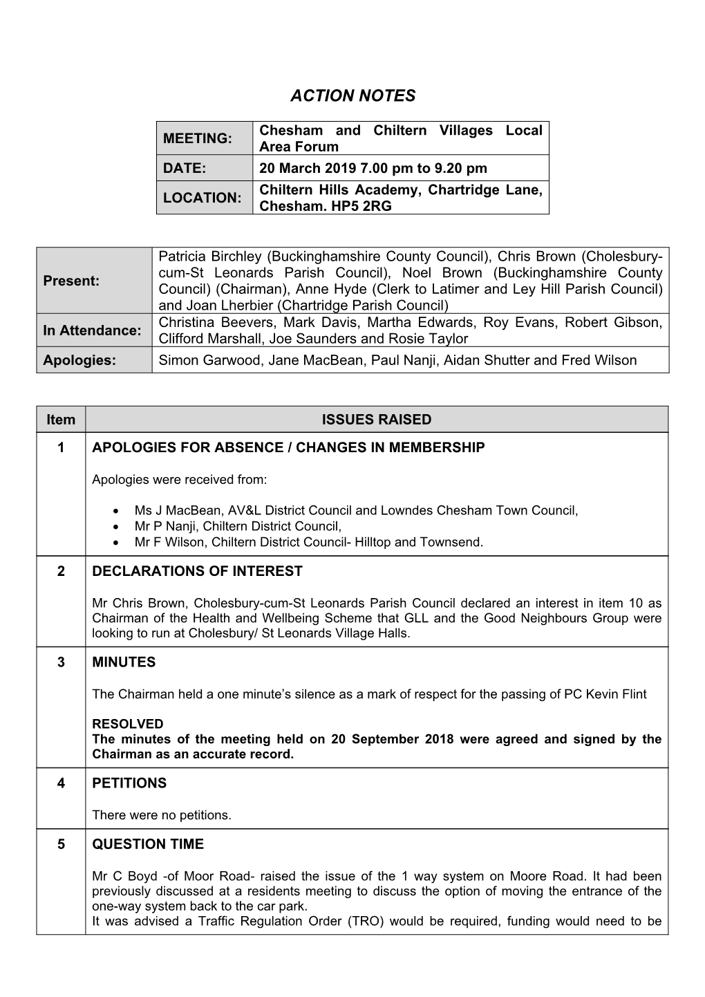 Minutes Document for Chesham and Chiltern Villages Local Area Forum