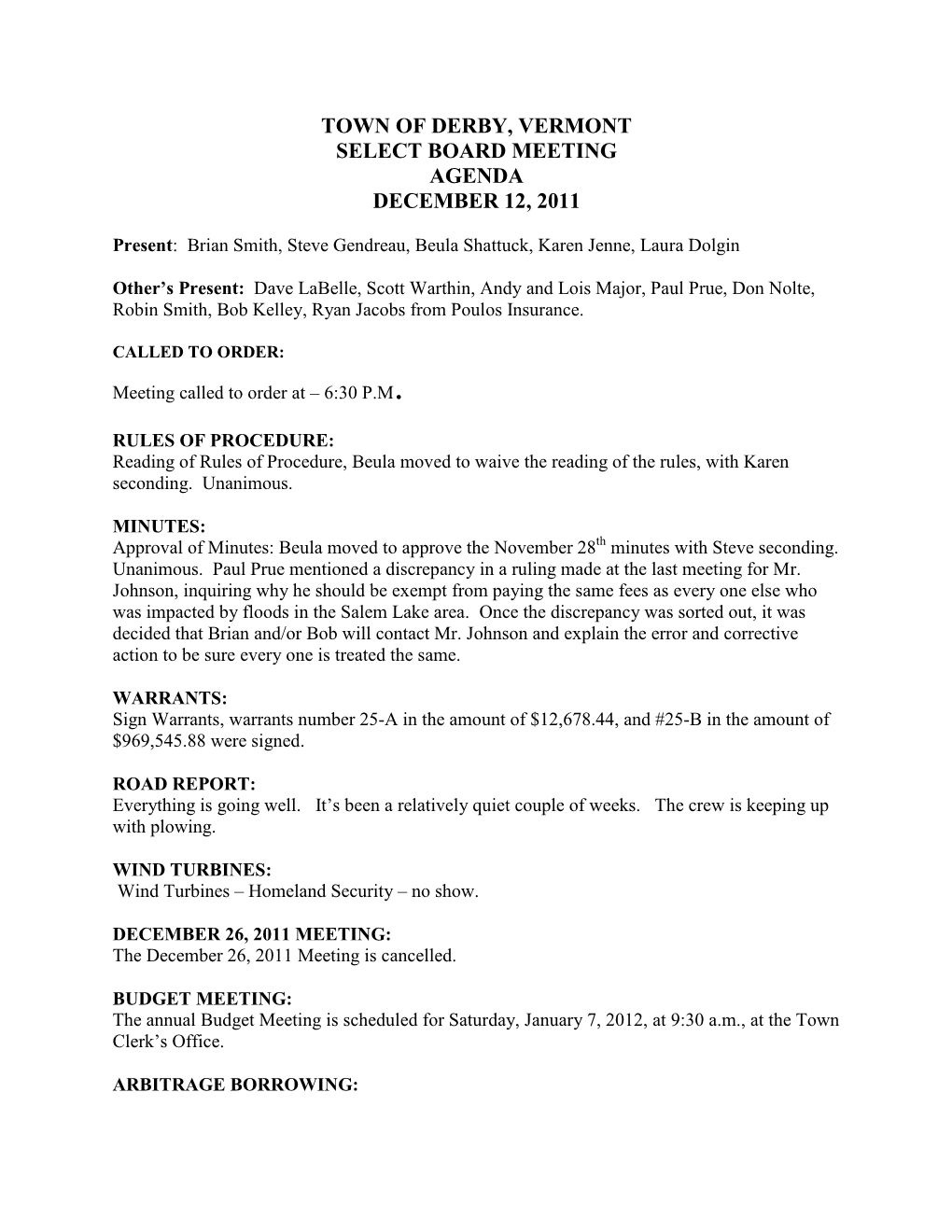 Town of Derby, Vermont Select Board Meeting Agenda December 12, 2011