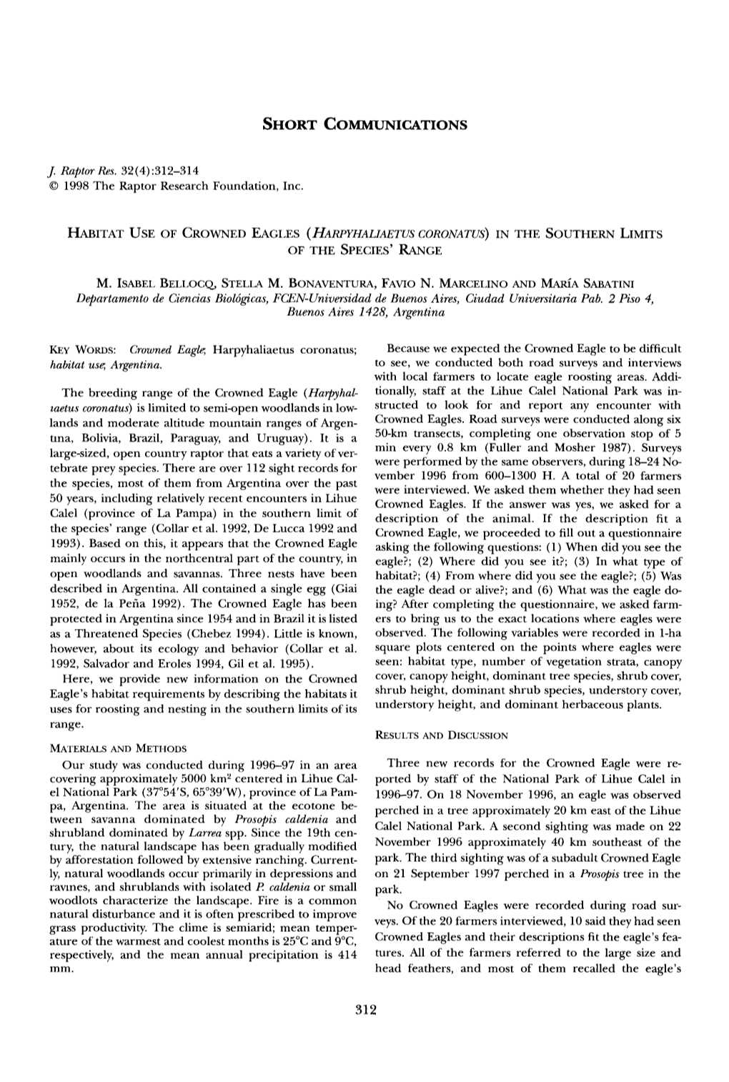 Habitat Use of Crowned Eagles &Lpar;<I>Harpyhaliaetus Coronatus