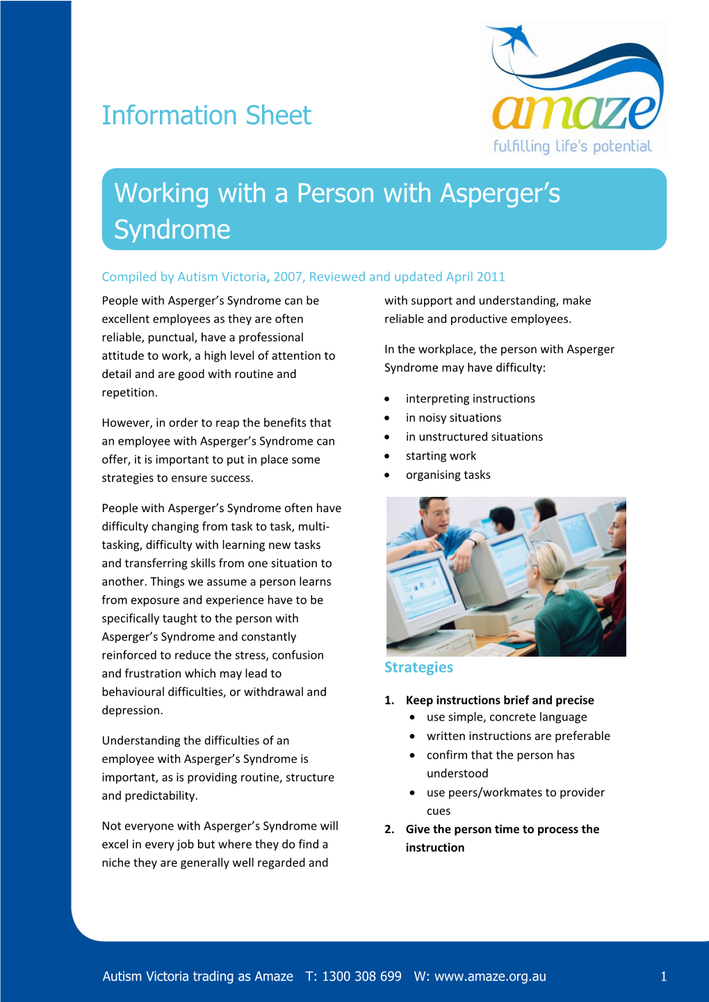 Information Sheet Working with a Person with Asperger's Syndrome