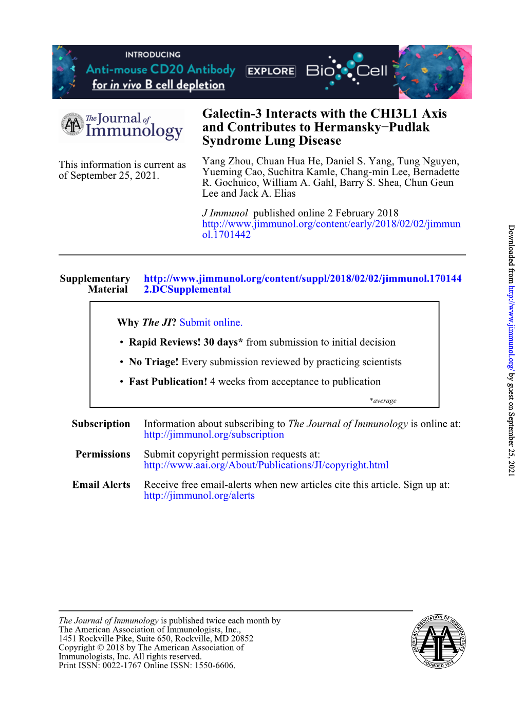 Galectin-3 Interacts with the CHI3L1 Axis and Contributes to Hermansky–Pudlak Syndrome Lung Disease