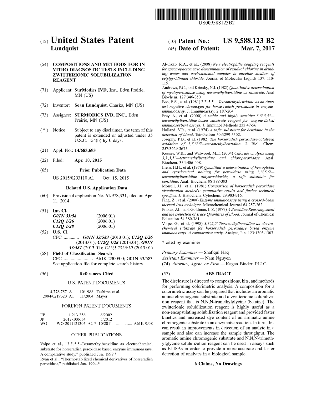 (12) United States Patent (10) Patent No.: US 9,588,123 B2 Lundquist (45) Date of Patent: Mar