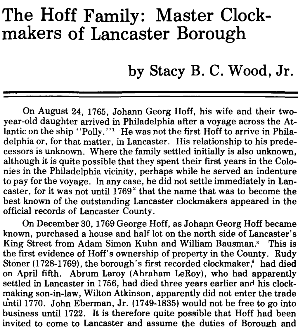 The Hoff Family: Master Clock- Makers of Lancaster Borough