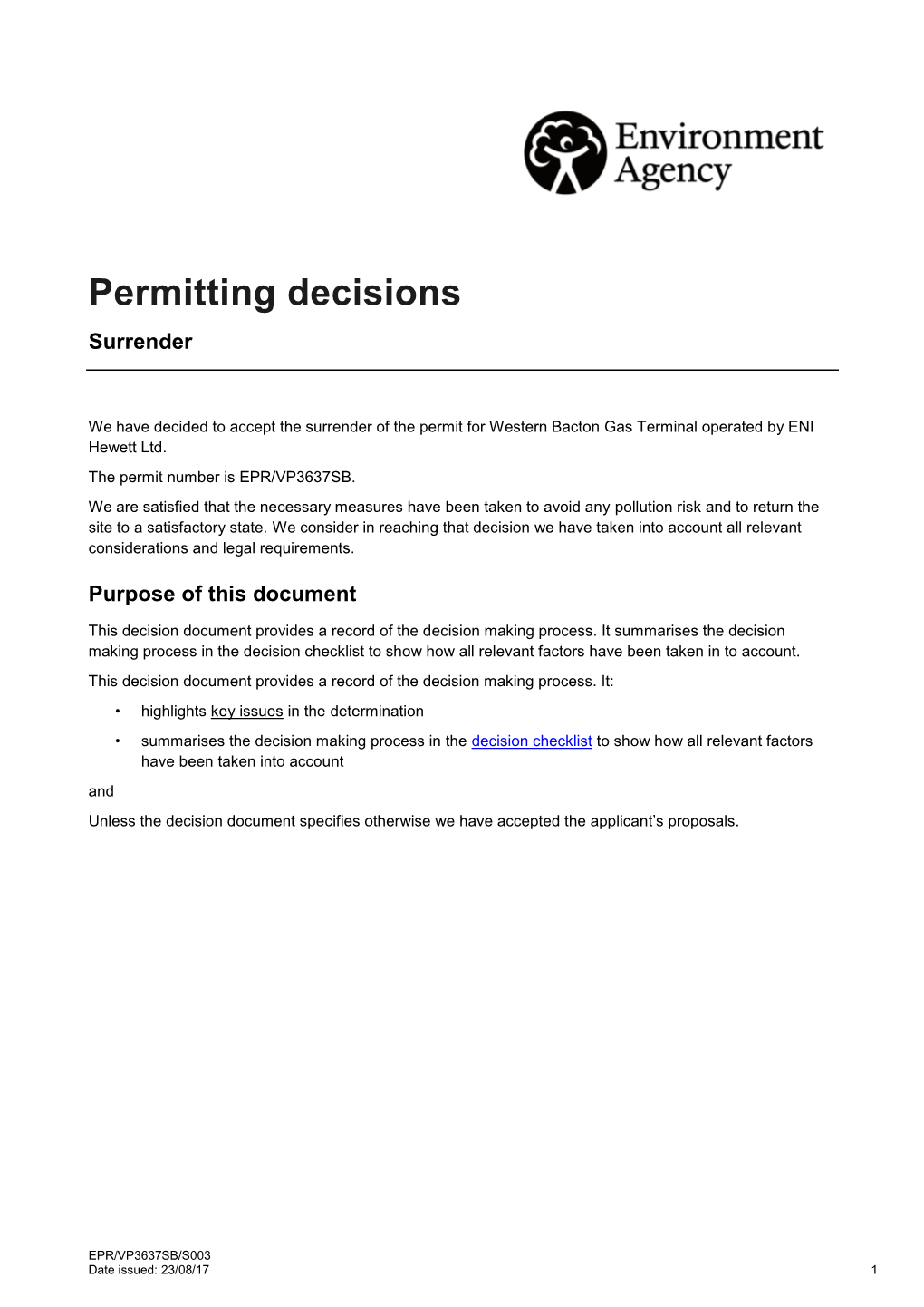 Decision Document Provides a Record of the Decision Making Process