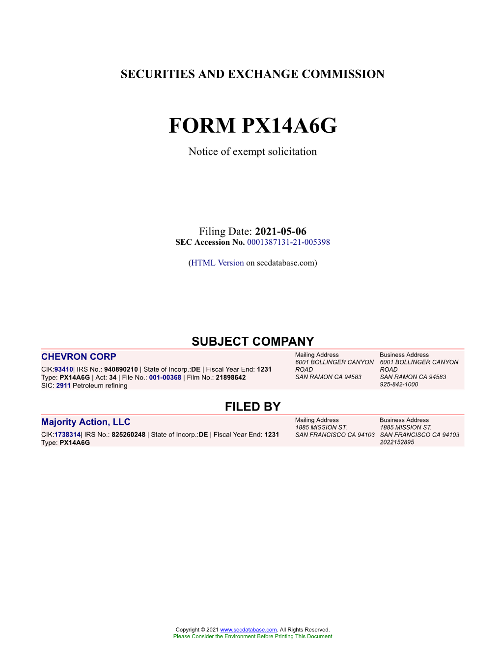 CHEVRON CORP Form PX14A6G Filed 2021-05-06