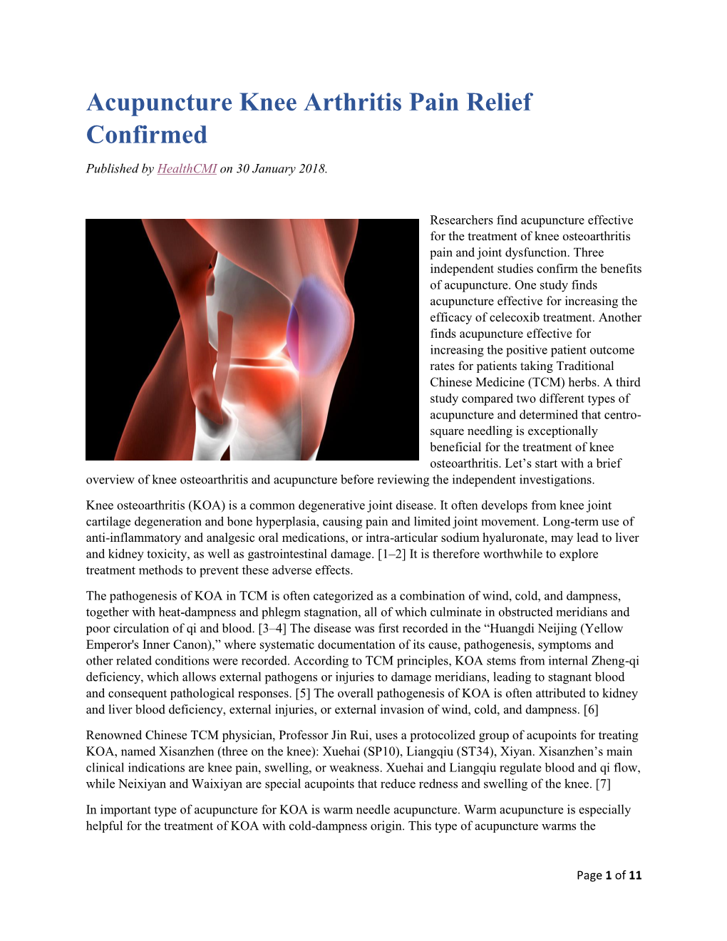 Acupuncture Knee Arthritis Pain Relief Confirmed