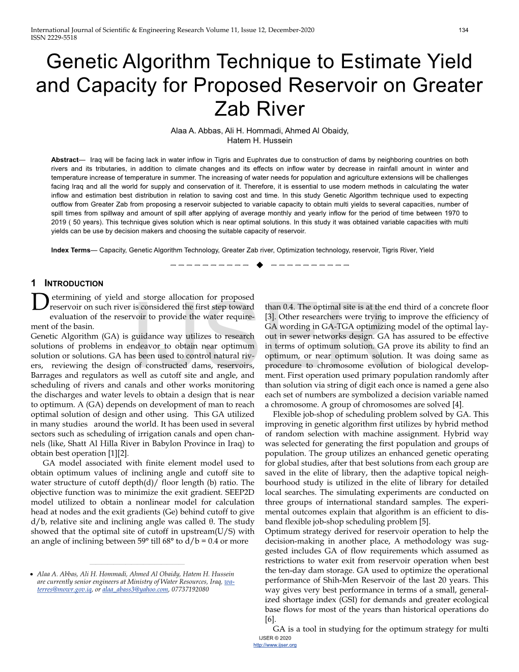 Genetic Algorithm Technique to Estimate Yield and Capacity for Proposed Reservoir on Greater Zab River Alaa A