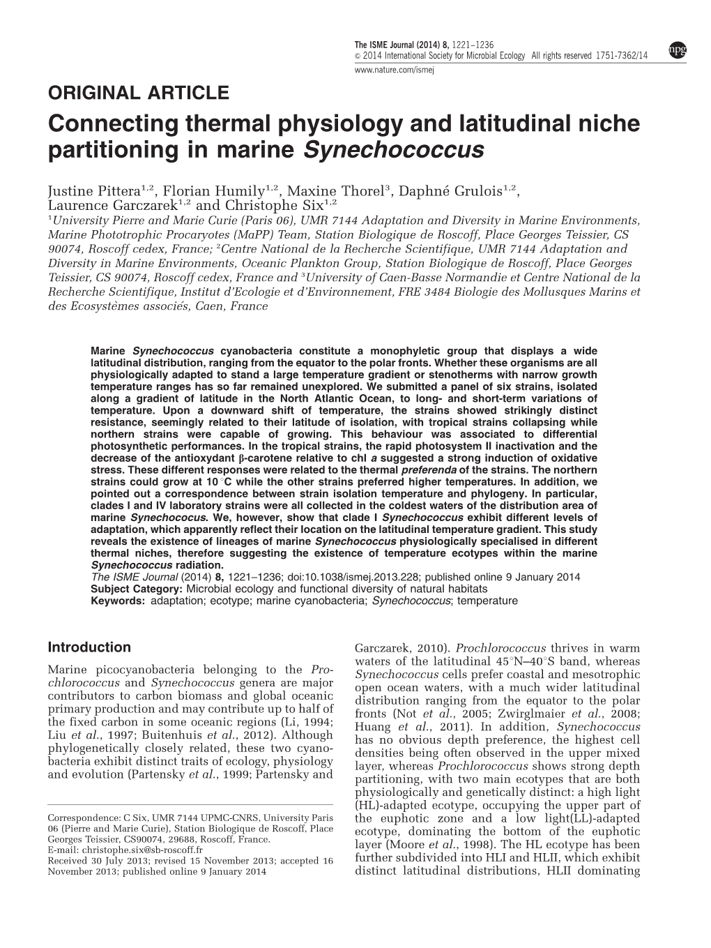 Connecting Thermal Physiology and Latitudinal Niche Partitioning in Marine Synechococcus