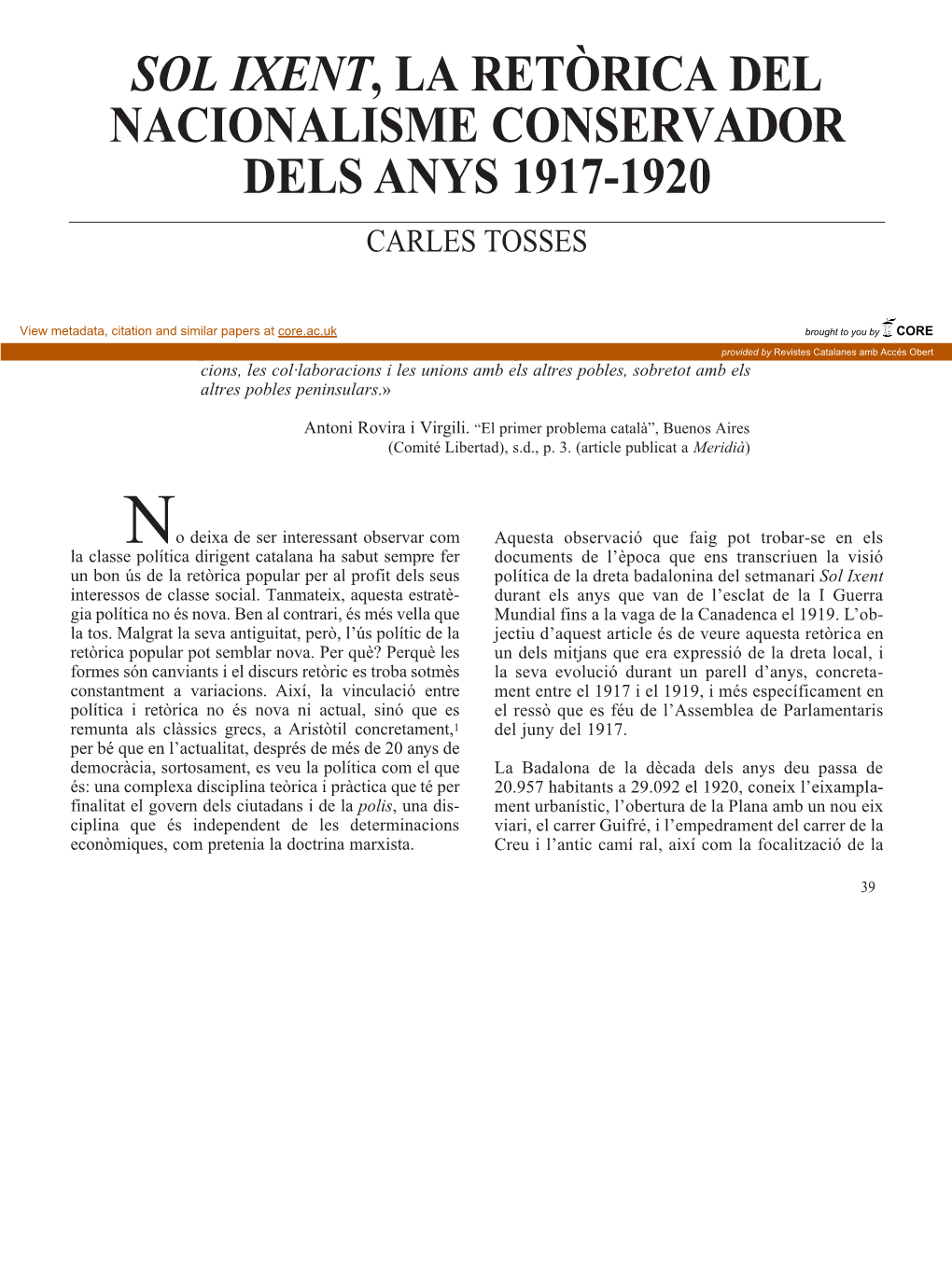 Sol Ixent, La Retòrica Del Nacionalisme Conservador Dels Anys 1917-1920 Carles Tosses