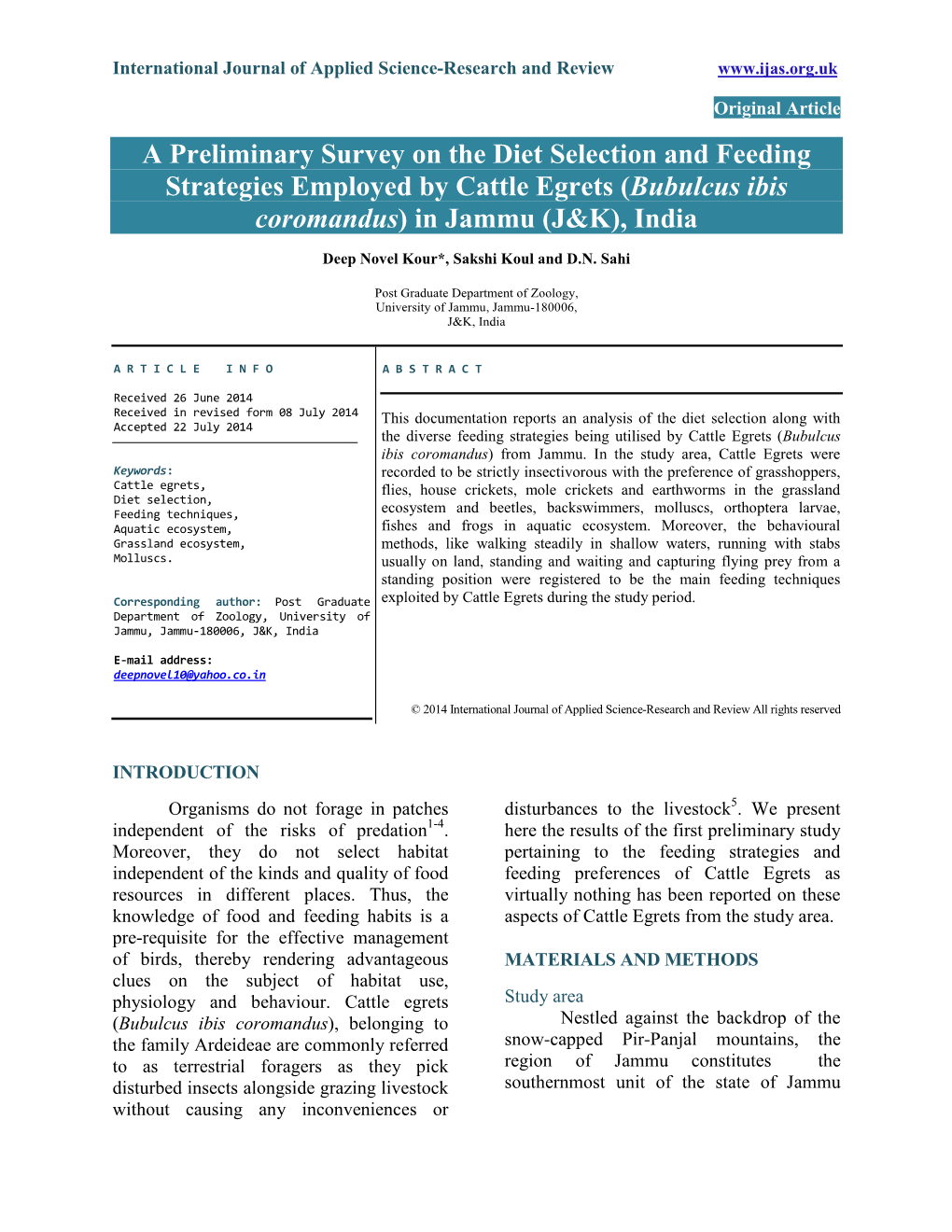 A Preliminary Survey on the Diet Selection and Feeding Strategies Employed by Cattle Egrets (Bubulcus Ibis Coromandus) in Jammu (J&K), India