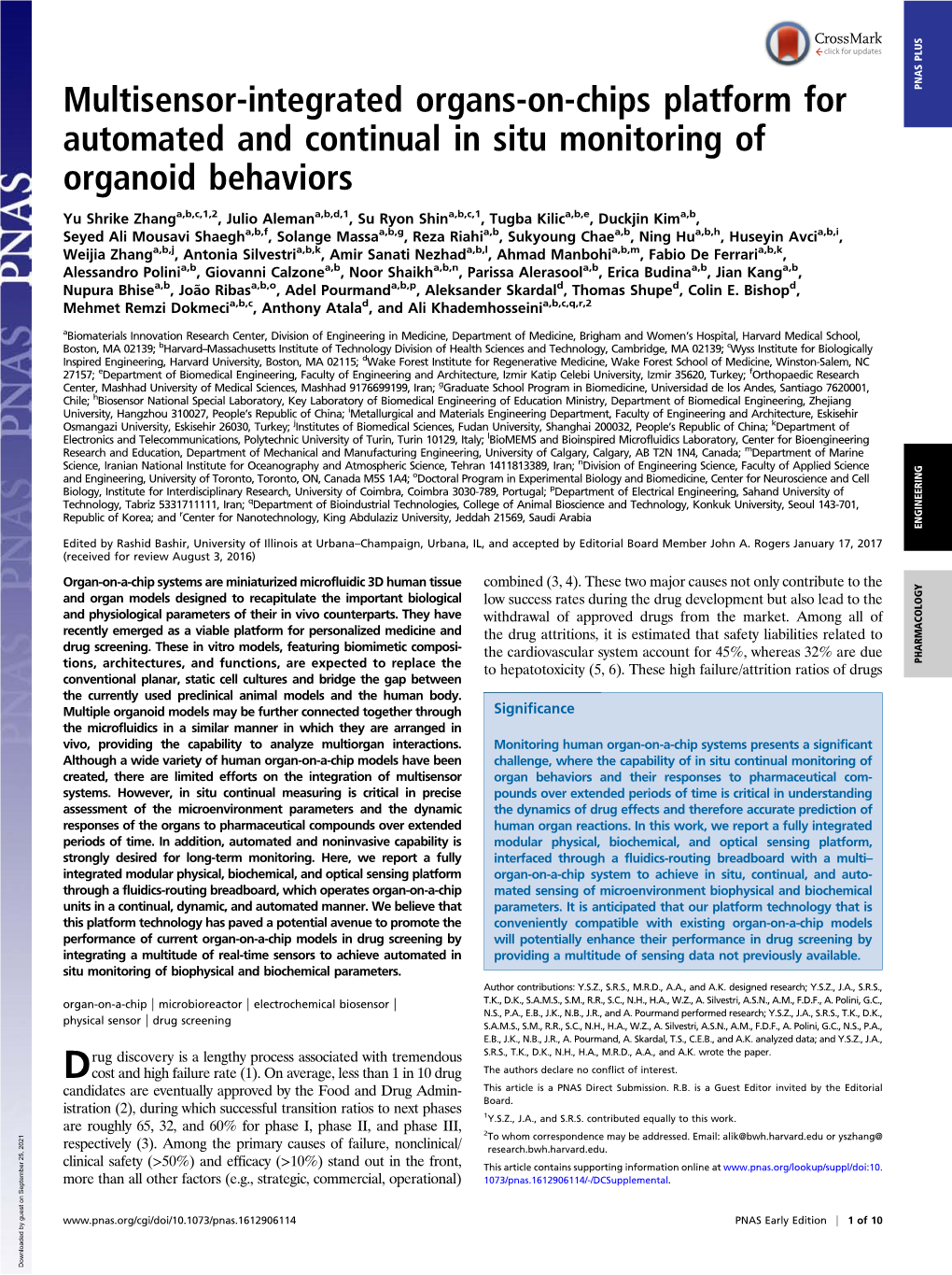 Multisensor-Integrated Organs-On-Chips Platform for PNAS PLUS Automated and Continual in Situ Monitoring of Organoid Behaviors