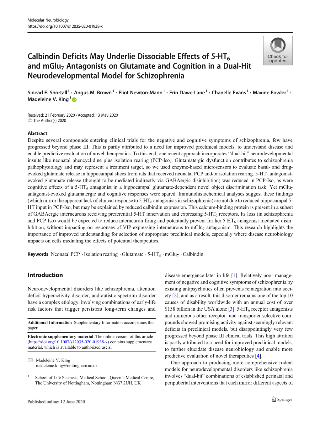 Calbindin Deficits May Underlie Dissociable Effects of 5-HT6 and Mglu7 Antagonists on Glutamate and Cognition in a Dual-Hit Neurodevelopmental Model for Schizophrenia