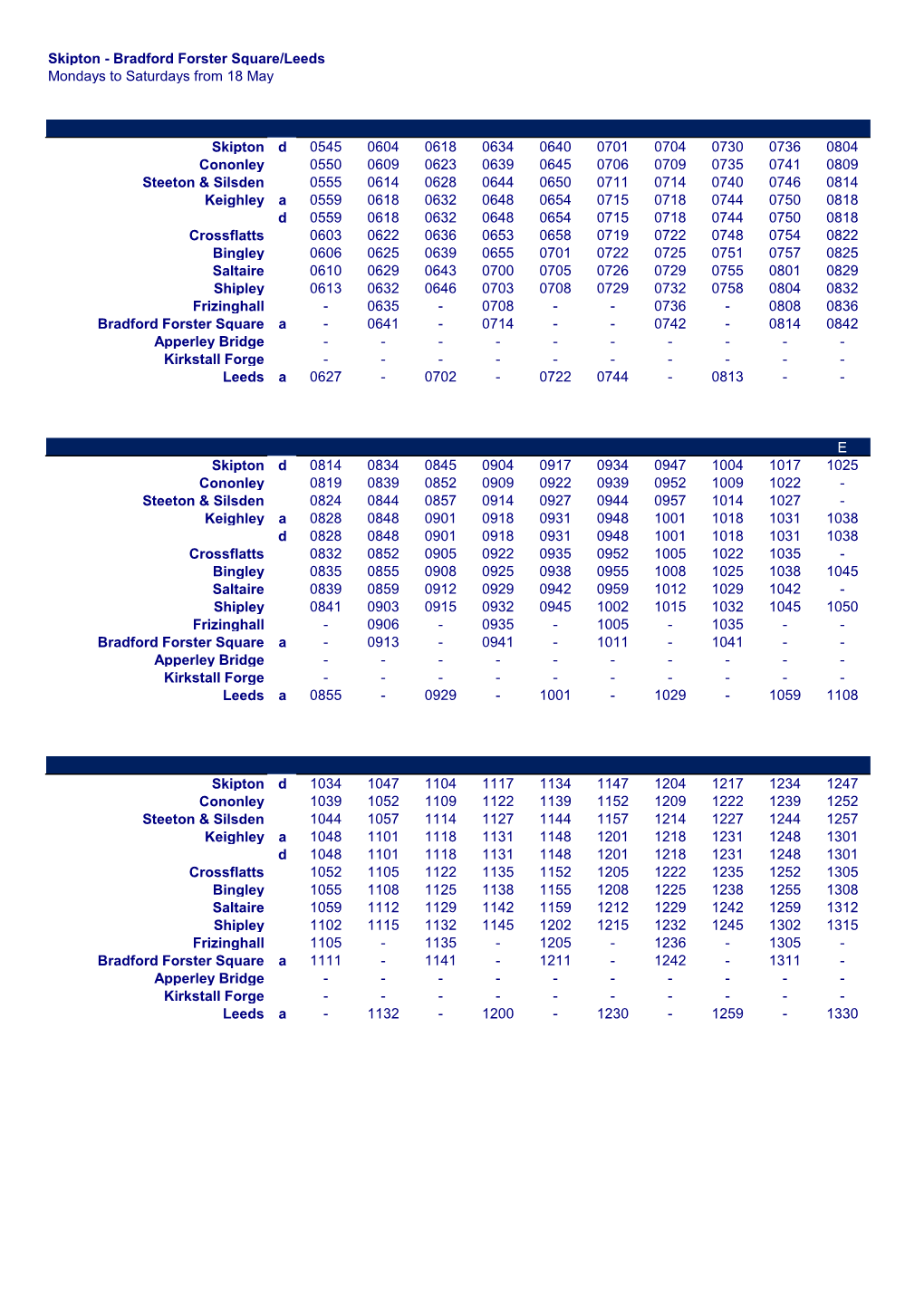 Skipton - Bradford Forster Square/Leeds Mondays to Saturdays from 18 May